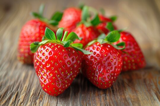 Fresh and ripe strawberries displayed on a rustic wooden surface. - Powered by Adobe