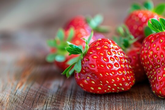 Fresh and ripe strawberries on a rustic textured wooden background