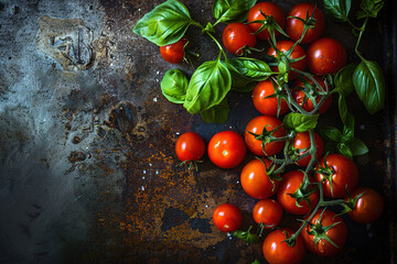 Fresh vine-ripened tomatoes and basil on a rustic textured surface