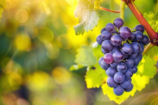 Freshly harvested cluster of ripe purple grapes on the vine