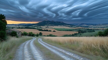 Fototapeta premium A gravel road winds through a sun-drenched valley towards rolling hills under a dramatic, swirling sky. A lone stone house sits to the left