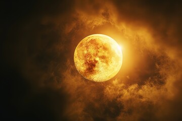 Obraz premium Glowing orange moon shines behind dramatic swirling cloud formations in the night