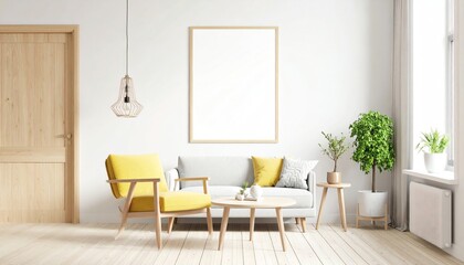 Fototapeta premium A modern living room featuring a gray sofa, yellow armchair, wooden furniture, and plants, with minimalistic decor and natural light
