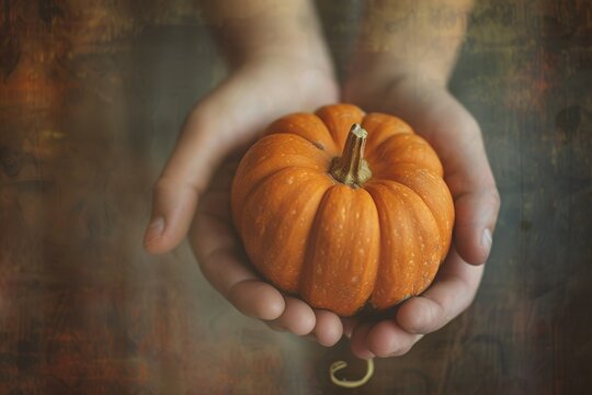 Hand holding a small orange pumpkin fall harvest season autumn thanksgiving