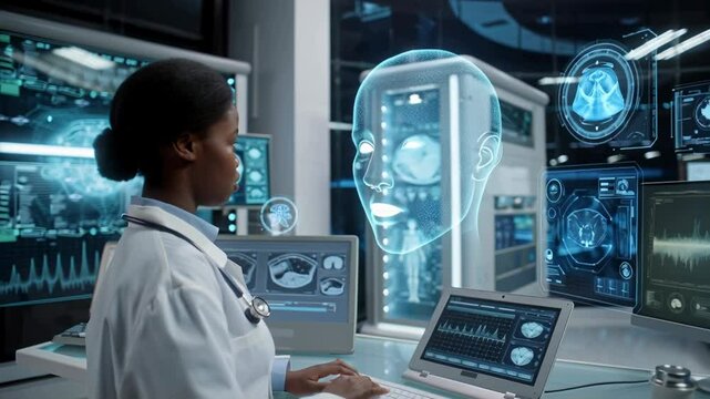 Young adult female african doctor talking with virtual AI assistant projected as a holographic floating head while working on computer in futuristic medical office with screens showing medical data