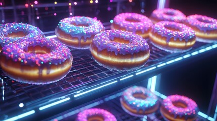 Colorful donuts displayed on multiple shelves.