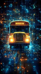 A yellow school bus drives through a vibrant, digital circuit-board landscape, glowing with energy and data streams