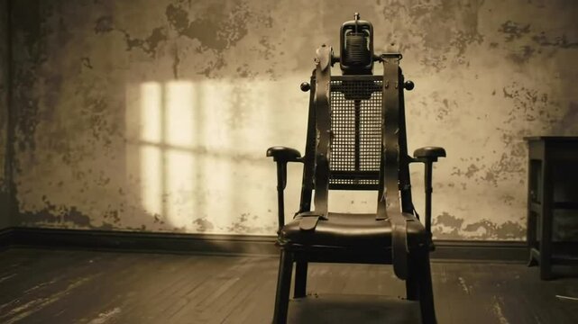 Eerie electric chair stands alone in a decaying execution room setting