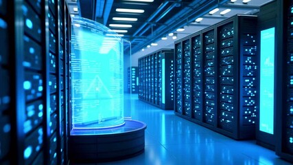 High-tech data center featuring illuminated server racks and a holographic display showcasing analytics - Powered by Adobe