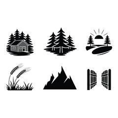 Simple Black and White Icons of Rustic Nature Scenes