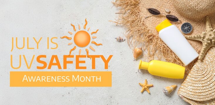 Banner for Ultraviolet Safety Month with beach accessories