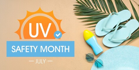 Beach accessories on beige background. Banner for Ultraviolet Safety Month