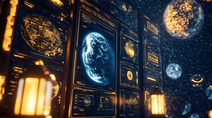 Futuristic display screen with a glowing earth image.