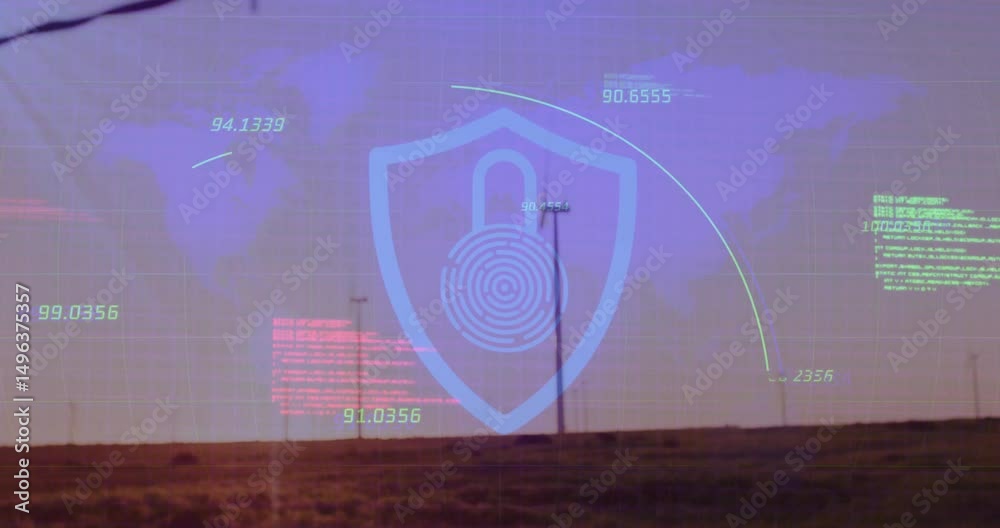 Poster dusk fence shot starting fading code readouts pulsing shield icon sweeping arcs visualizing data