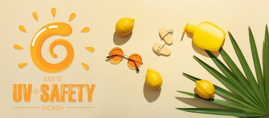 Lemons, bottle of sunscreen cream and beach accessories on beige background. Banner for UV Safety...