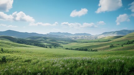 Obraz premium Lush green valley stretches beneath a vibrant sky.