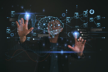 Businessman pointing at diagram Document Digital transformation technology, IoT, internet of...