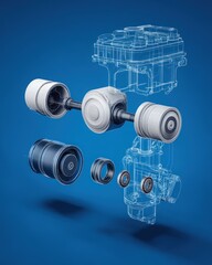 Exploded View of Automotive Engine Parts with Blueprint Overlay