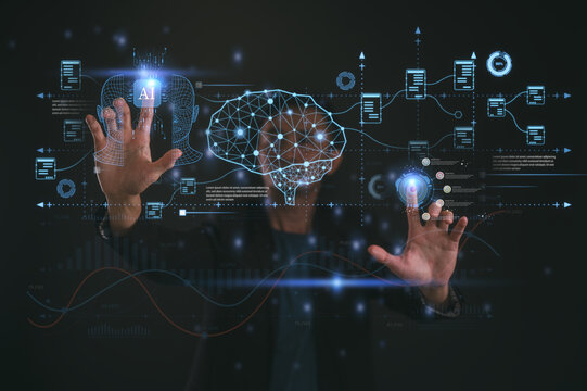 Businessman pointing at diagram Document Digital transformation technology, IoT, internet of things. transformation of ideas adoption of technology in business enhancing global capabilities. Ai