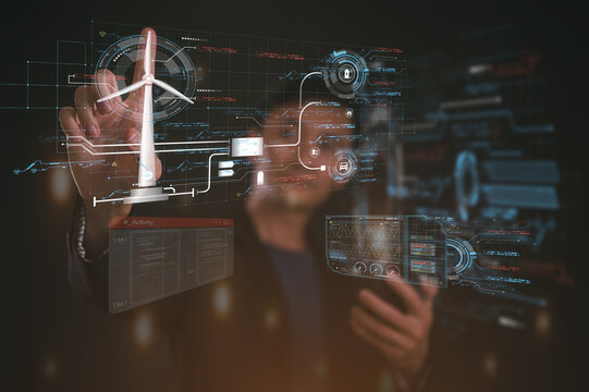 Engineer or Businessman working on diagram with virtual wind turbine reduce co2 emission concept with icons global warming emissions carbon footprint climate change to limit global warming energy - Powered by Adobe