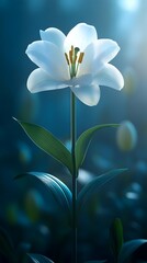 Obraz premium A single, luminous white lily stands tall amidst a blurred, dark teal background of budding flowers, bathed in ethereal light