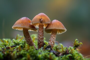 Fototapeta premium Three brown mushrooms growing on green moss in natural setting