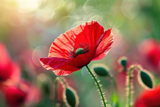 Vibrant red poppy blooming in sunlight with beautiful bokeh effect