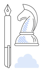 Chess knight, fountain pen, and cloud symbolizing strategy, creativity, intellectual pursuits, decision-making, innovation, imagination and thought. Ideal for strategy planning creativity