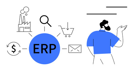 ERP hub connecting supply chain, finances, email communication, manufacturing, search tools, and e-commerce. Man interacting represents data management. Ideal for business, technology efficiency