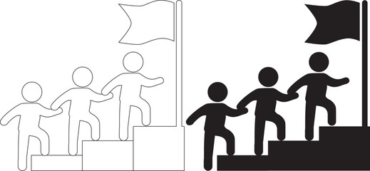 Business Leadership Concept. Vector illustration in flat style of a group of diverse people in business attire walking up the stairs following a leader looking forward. Isolated on background
