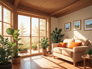 Fototapeta premium Cozy Scandinavian Living Room with Natural Light and Indoor Plants