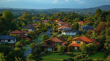 Fototapeta premium Aerial view of residential houses in Melbourne's suburb. Elevated view of Australian homes against blue sky. Copy space for text. Point Cook, VIC Australia. 