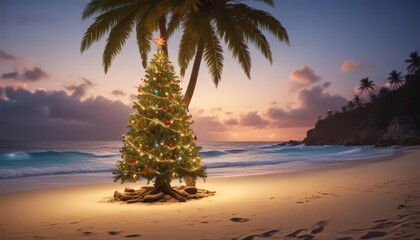 Lighted Christmas tree on secluded tropical beach, festive escape , festive, exotic, celebration