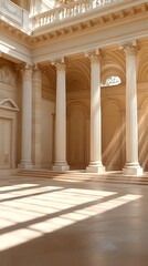 Sunlit classical interior with tall columns, arched recesses, and a pale wood floor, creating a serene atmosphere