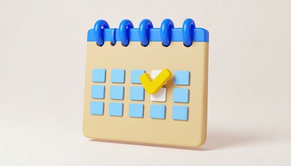 A colorful, 3D-rendered calendar with blue rings and a yellow checkmark indicating a selected date
