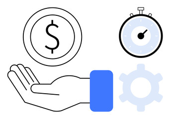 Outstretched hand holding dollar coin, accompanied by stopwatch and gear. Ideal for business, financial planning, productivity, time management, efficiency, economic value process improvement. Flat
