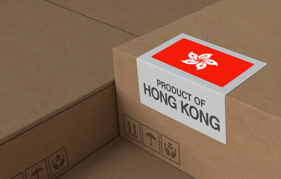 Product of Hong Kong Label, Cardboard Boxes with Hong Konger Flag - 3D Render