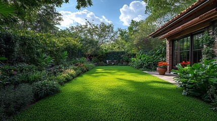 Naklejka premium Backyard area with nicely trimmed garden 