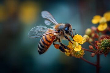Close-Up of Honeybee Collecting Nectar from Yellow Blossoms