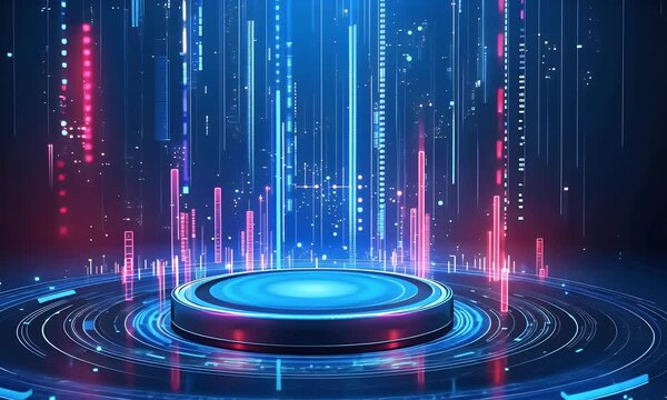 Blue technology background with light effects and a circular stage for product display, featuring a blue gradient and glowing lines, in a vector illustration style. The overall design is simple and el