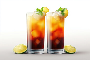 Cold refreshment with lemon and ice in a glass, like a cocktail or cola, a fresh and cool beverage
