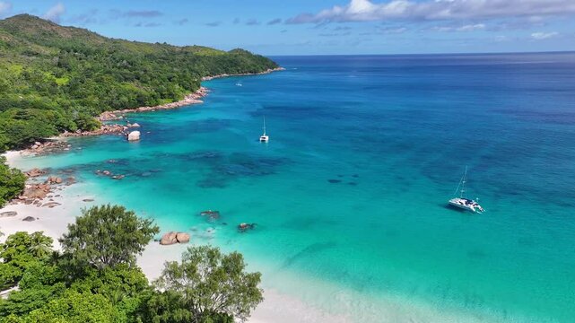 Seychelles Skyline In Praslin Island Victoria Seychelles. Breathtaking Aerial View Of A Lush Tropical Coastline Scenery. Paradise Landscape Recreation Beautiful. Paradise Summertime.