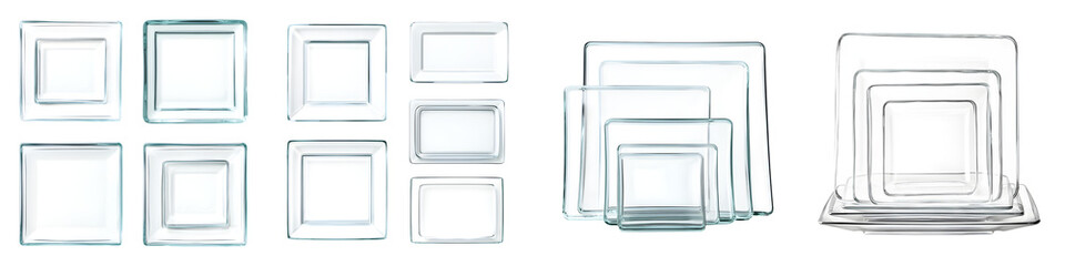 A collection of transparent glass frames in rectangular and square shapes arranged in stacks to create a visually striking and minimalist display