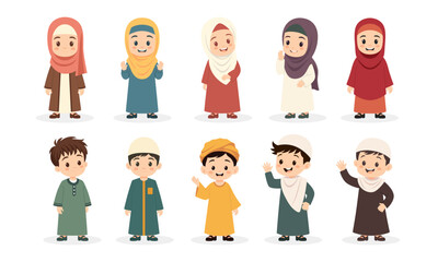 Cute kids muslim characters graphic vector illustration set
