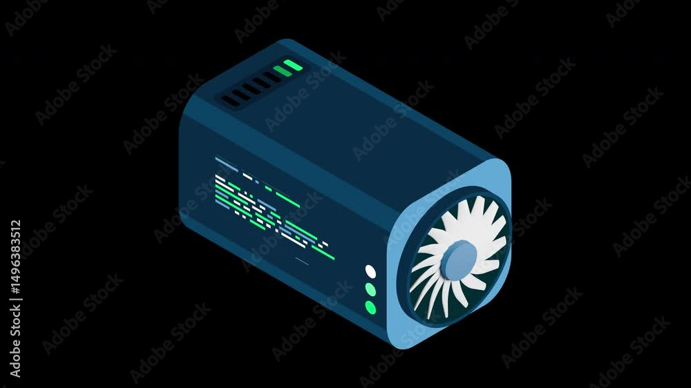 Poster Isometric futuristic server animation. Isometric database or data center. Abstract blockchain. Computer storage. Cloud storage. Transparent background with alpha channel