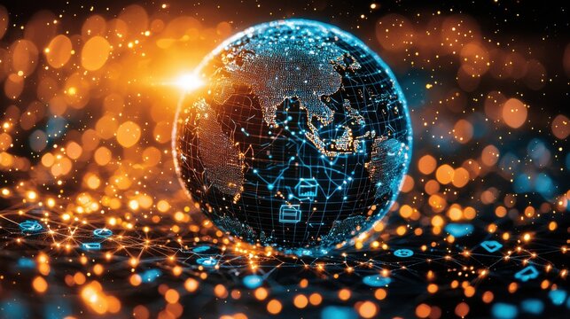 Futuristic Digital Globe with Sparkling Lights and Network Connections