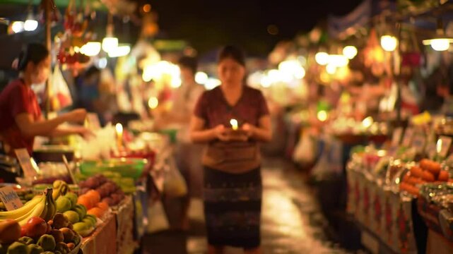 Night Market in Luang Prabang Laos with People Shopping at Street Food Stalls