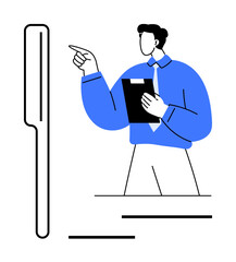 Man in formal attire holding a clipboard gestures confidently towards a vertical element. Ideal for leadership, communication, presentation, teamwork, guidance, planning, business strategy. Modern