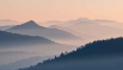 Fototapeta premium Majestic mountain landscape with soft, subtle gradients in sky, showcasing layers of misty peaks and silhouettes of trees. serene atmosphere evokes sense of calm and tranquility