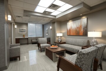 Modern and Inviting Waiting Area in Brightly Lit Office Space with Comfortable Seating and Contemporary Art on the Walls